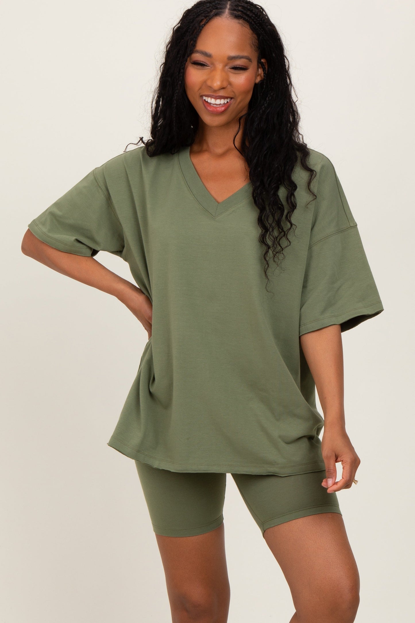 Olive Oversized V-Neck Biker Short Maternity Set