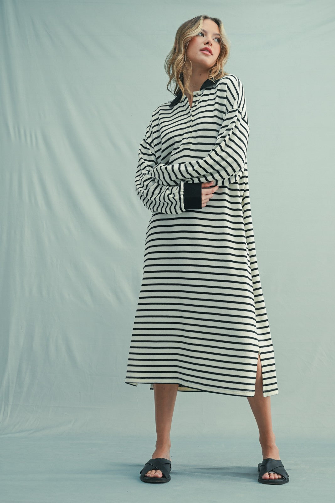 Black Stripe Snap Button Long Sleeve Maternity Midi Dress