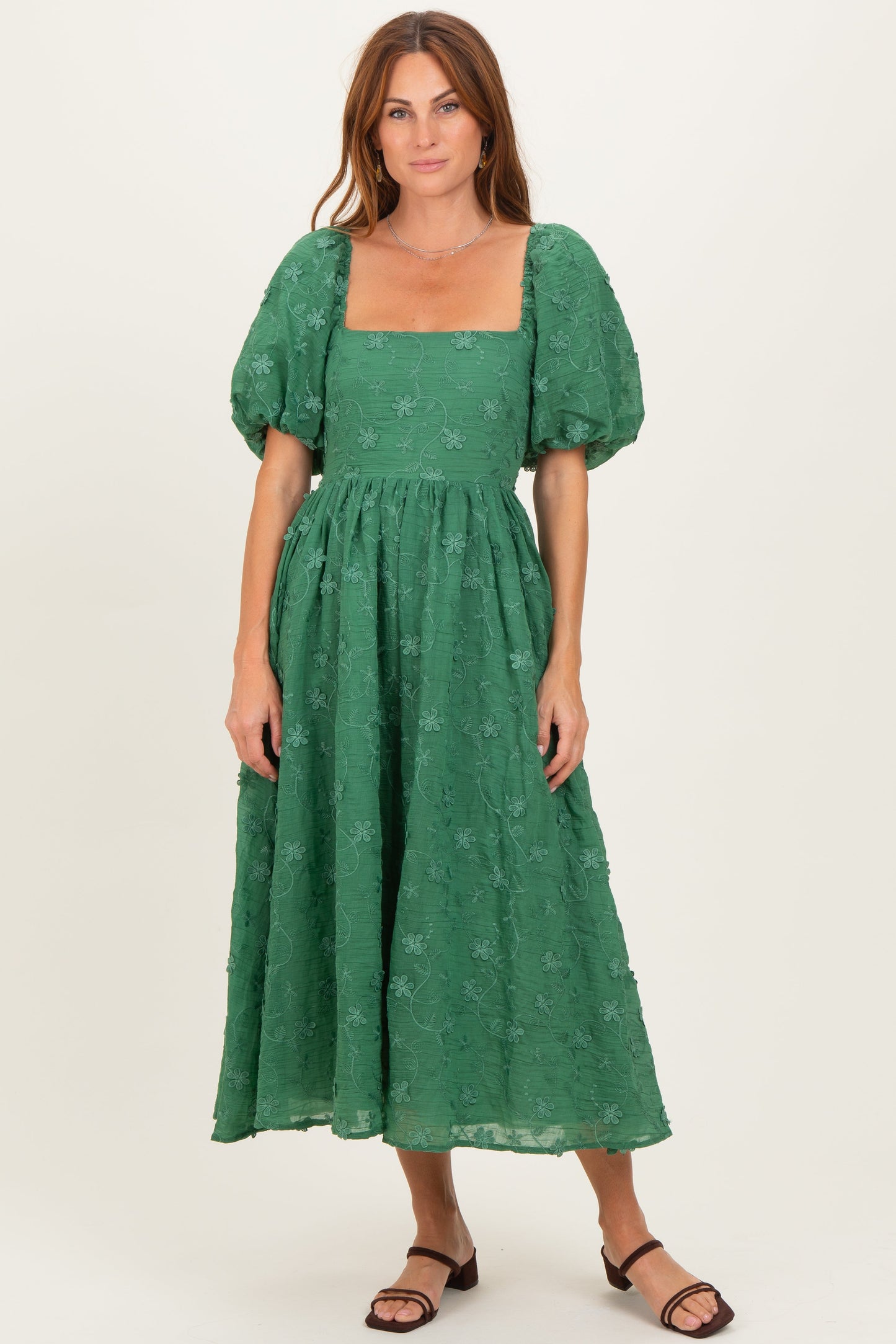 Forest Green Embroidered Floral Puff Sleeve Maternity Midi Dress