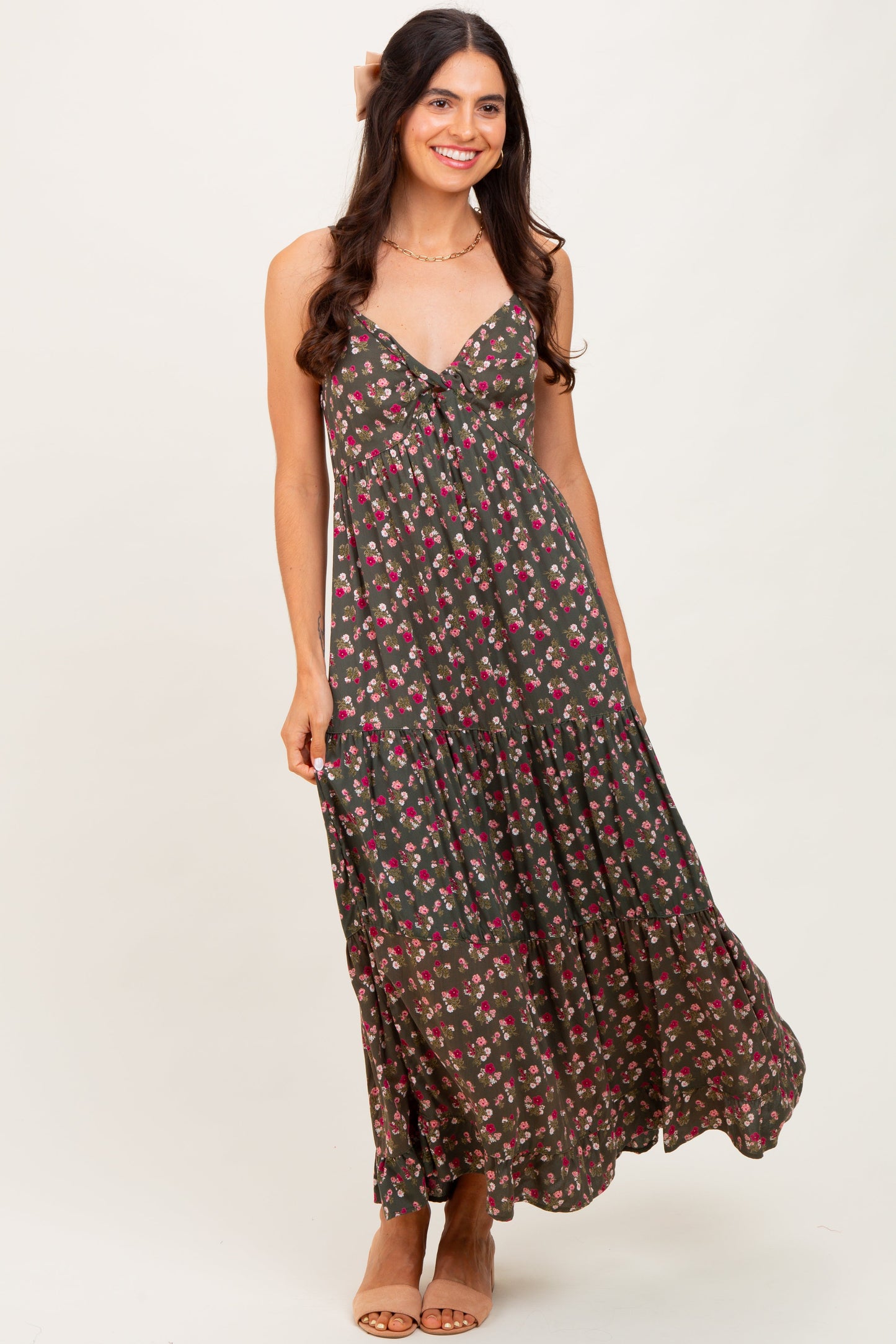 Olive Twist Front Tiered Maternity Midi Dress