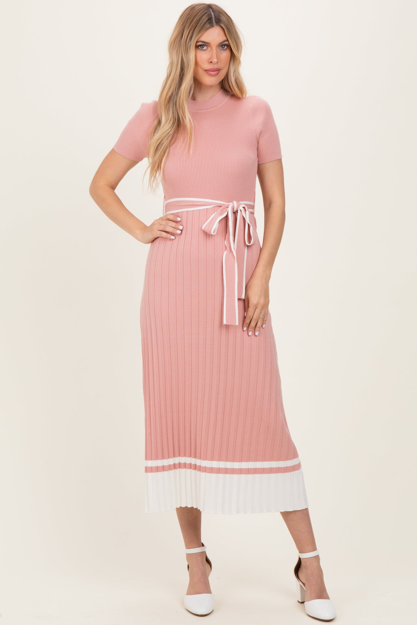 Mauve Knit Pleated Sash Tie Maternity Midi Dress