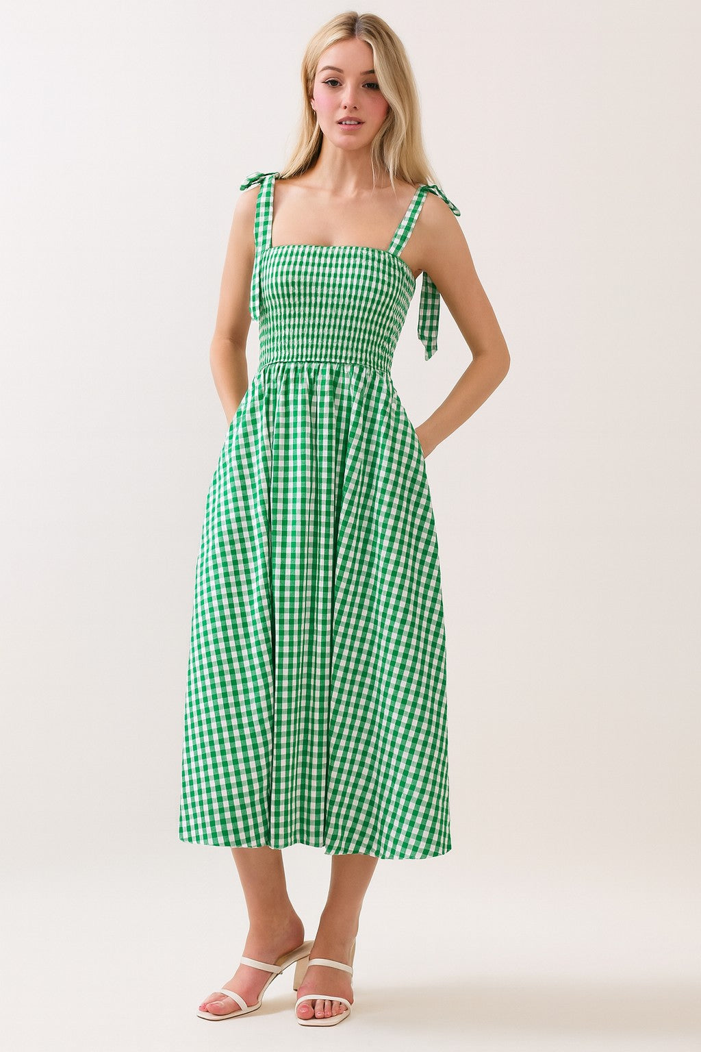 Green Gingham Smocked Shoulder Tie Maternity Midi Dress