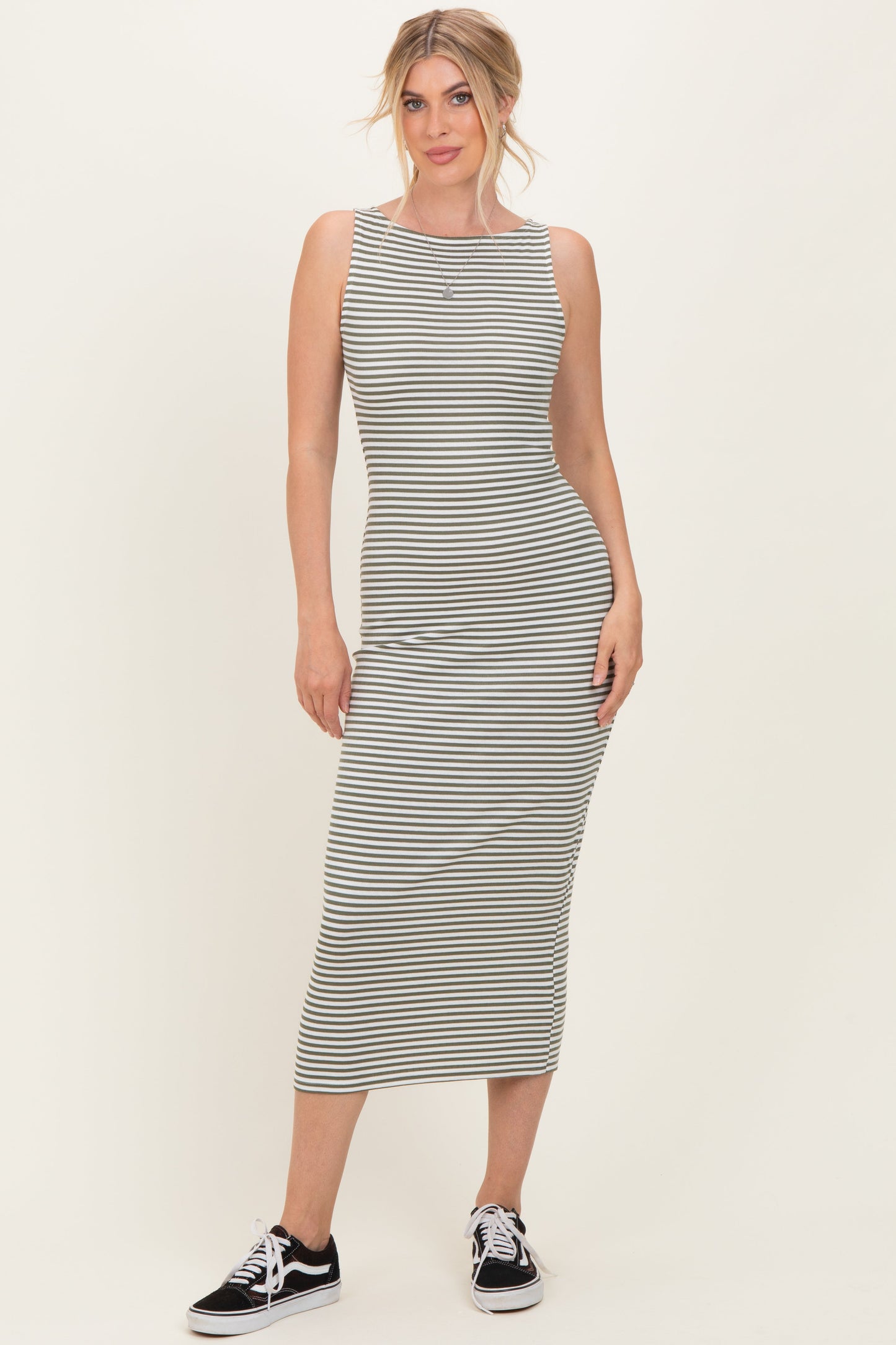 Olive Striped Boat Neck Sleeveless Maternity Midi Dress