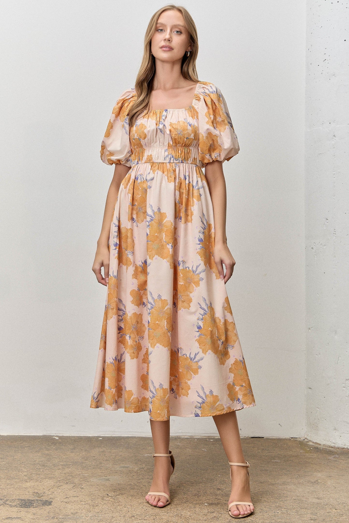 Peach Floral Print Square Neck Bubble Sleeve Maternity Midi Dress