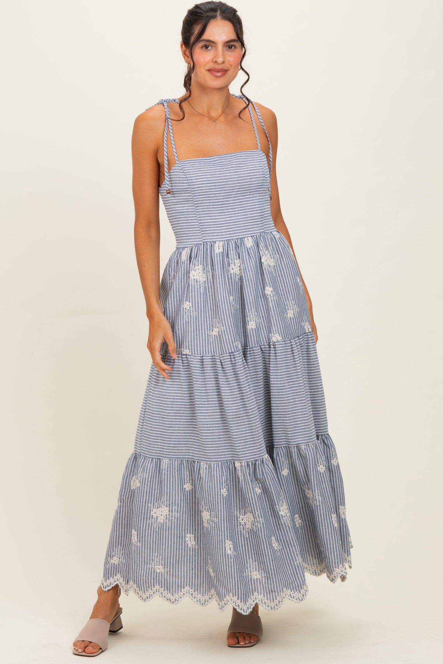 Navy Striped Embroidered Shoulder Tie Maternity Midi Dress