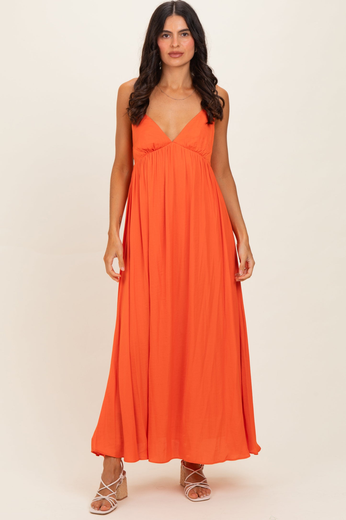 Orange V-Neck Open Back Maternity Maxi Dress