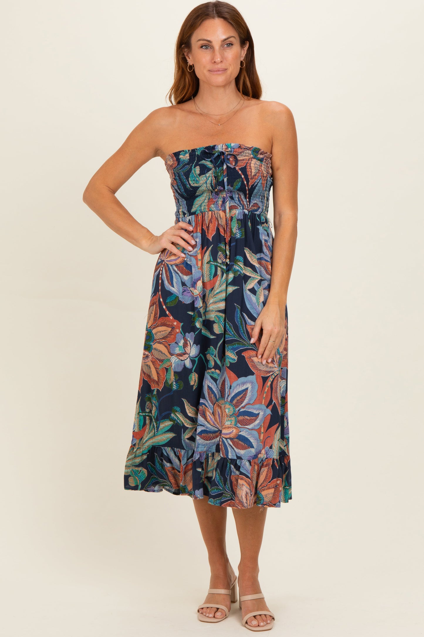 Navy Smocked Bodice Strapless Printed Maternity Midi Dress