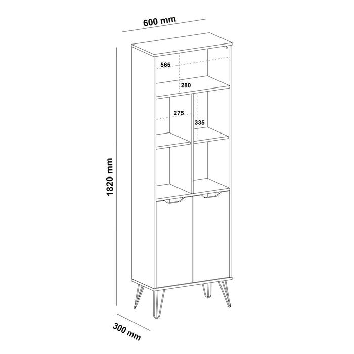 Bookcase Estocolmo 4436 2 Doors With 5 Niches 60*30*182Cm Oak/Graphite/White (Limited 3 Months Warranty)
