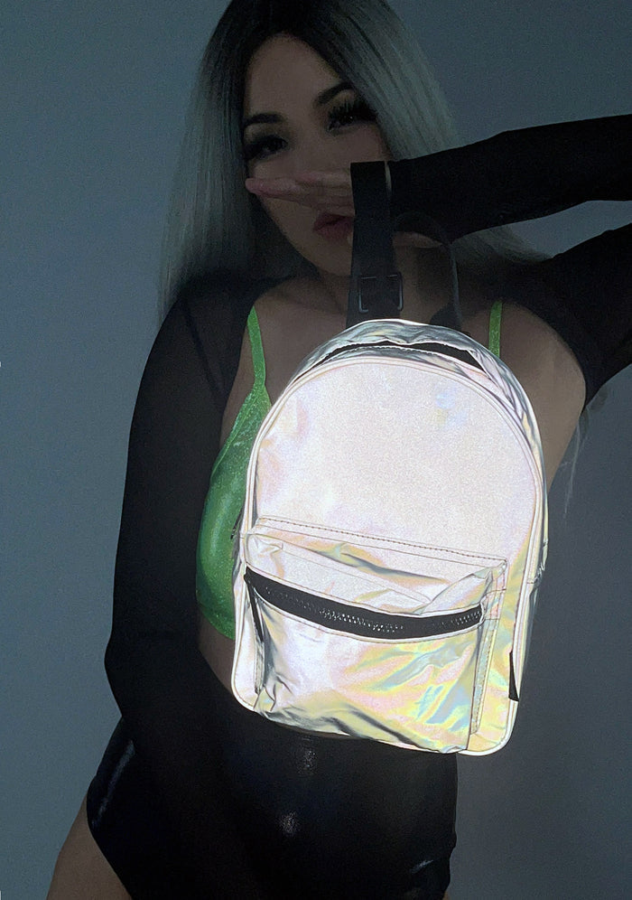 Fydelity Codebreaker Reflective Mini Backpack in silver reflective — model side view