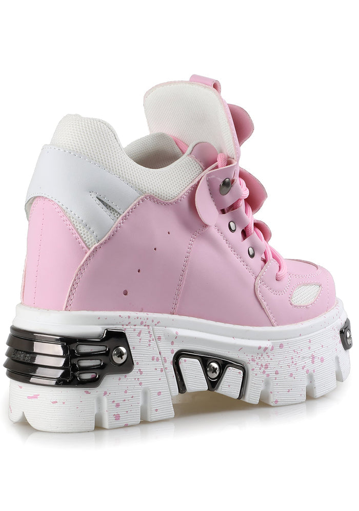 Three-quarter profile of Anthony Wang GUAVA 02 Momo Love Pink platform sneakers detailing the thick pink laces, black metallic eyelets, and paint-splattered design details