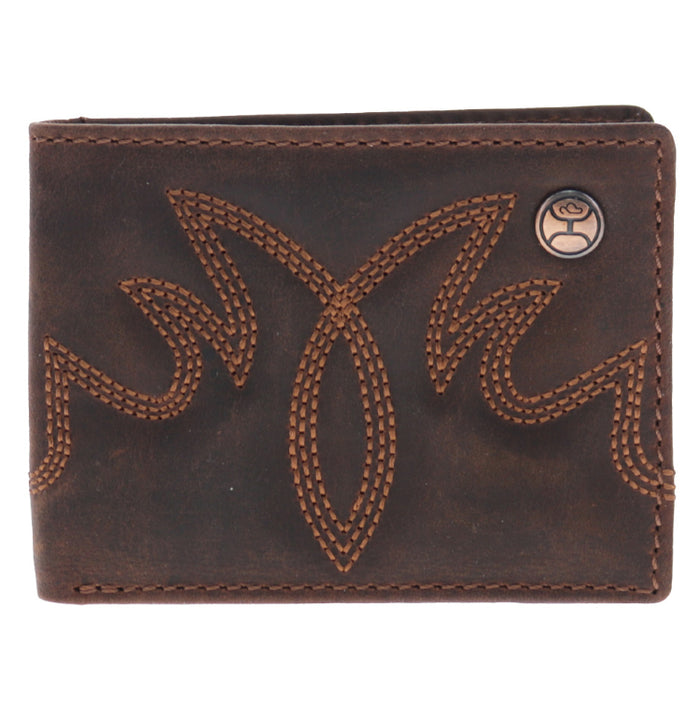 Hooey Wyatt Brown Smooth Leather Boot Stitching Accent Rivet Logo Bi-Fold Wallet HFBF040-BR