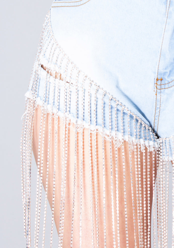 Hot & Delicious Icy GRL Rhinestone High Waisted Shorts in denim blue — detail view