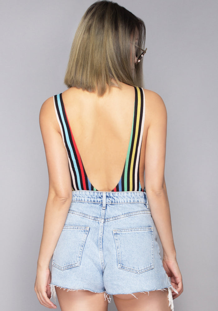 Motel Rocks Lalung P.E. Stripe Bodysuit in black multi — model back view