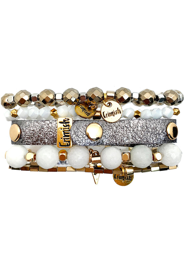 Erimish Love and Grace Box Set in white silver with gemstone accent charm and circle charm on boho festival bracelet stack — back view