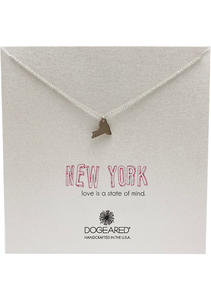 Dogeared Love is a State of Mind New York Necklace in silver with New York state-shaped pendant on sterling silver chain festival necklace — front view