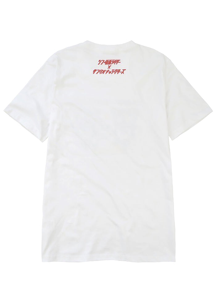 Masked Rider x Sanrio Hello Kitty Tee in white with Hello Kitty in Masked Rider costume crossover graphic — lifestyle view