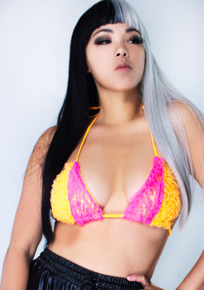 Hot & Delicious Rave About Me Tulle Bra Top in pink orange with two-tone tulle stripe and bikini cup on festival top — model view