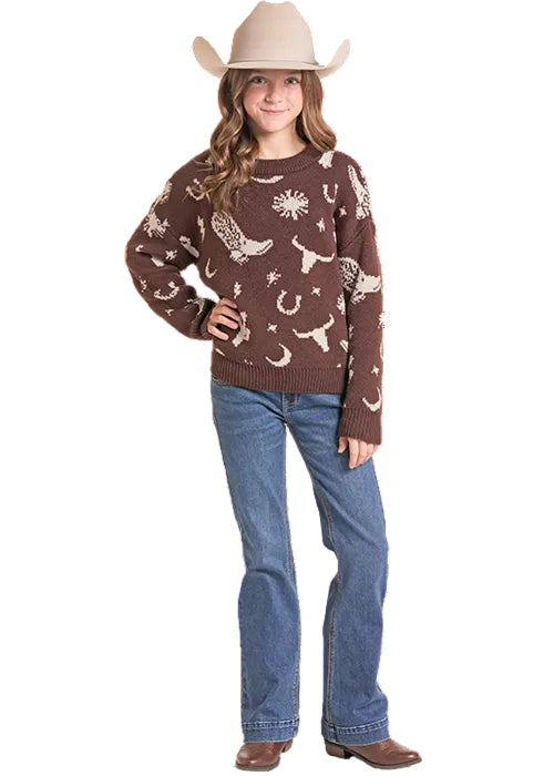 Rock & Roll Cowgirl Girl's Brown Western Print Crew Neck Sweater BG32T09414