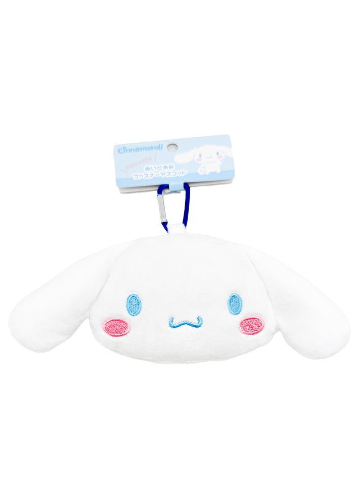 Sanrio Cinnamoroll Big Face Plush Mascot Carabiner in white with soft Cinnamoroll face plush and functional carabiner clip — back view