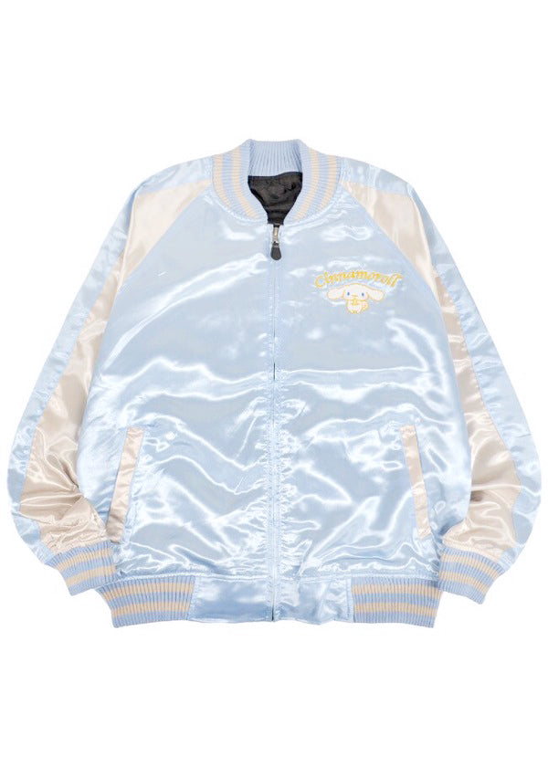 Sanrio Cinnamoroll Celestial Bomber Jacket in black silver with celestial-themed Cinnamoroll embroidery on satin festival jacket — back view