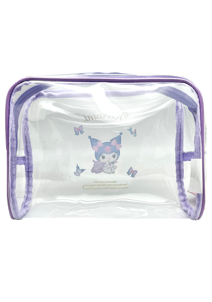 Sanrio Kuromi Vinyl Cosmetic Bag in clear with Kuromi print detail on transparent vinyl and zipper closure — back view