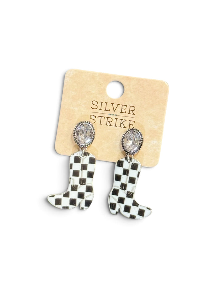 Silver Strike Black & White Check Boot Dangle Earrings D460019662