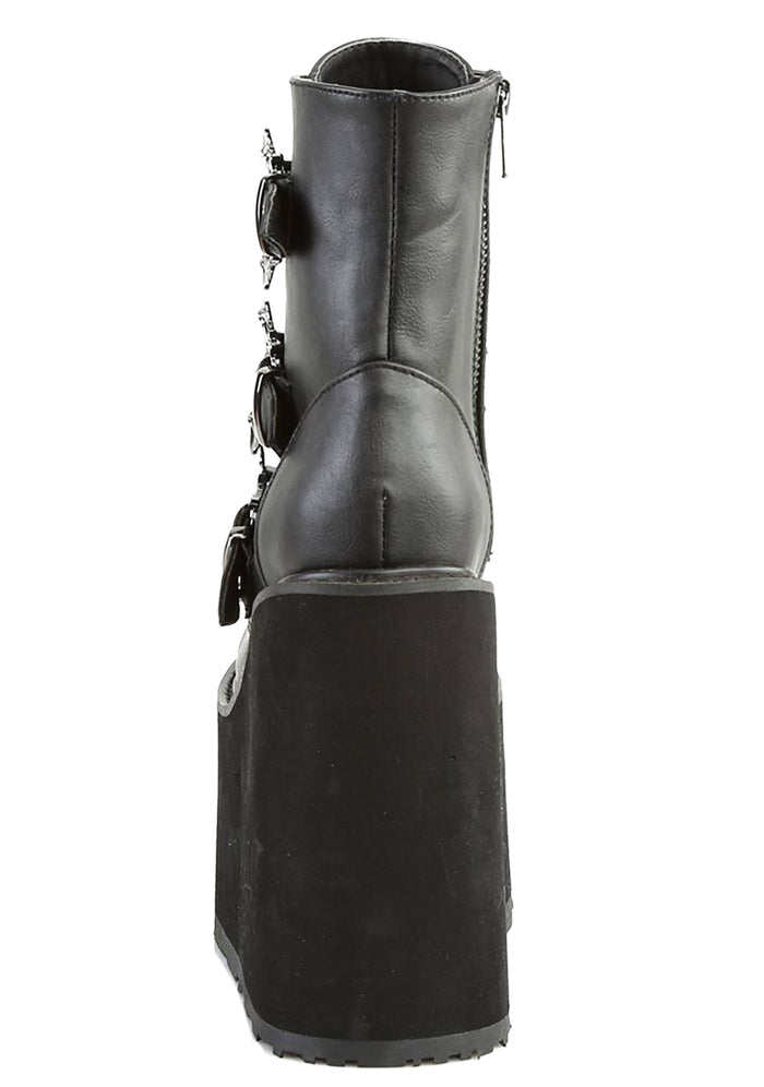 Demonia SWING 103 Creature of the Night Black Platform Boots in black vegan leather showing inside metal zip closure and platform sole — back view