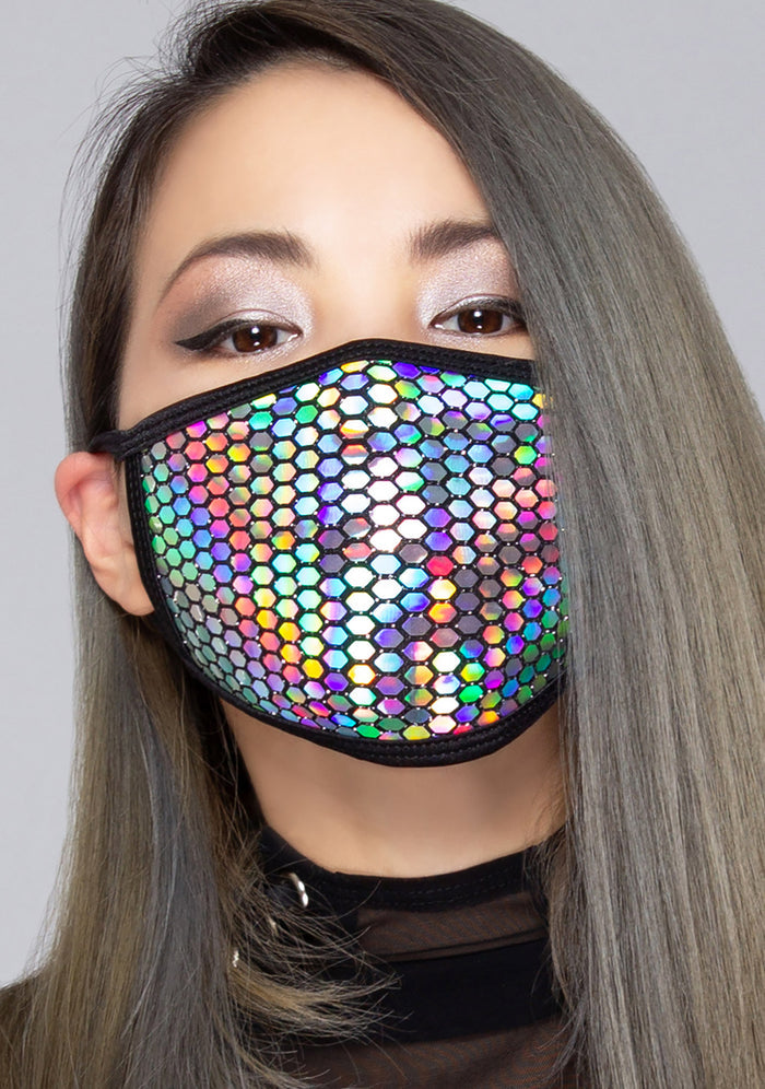 BGlittz Technicolor 2.0 Black Dust Mask in holographic multi with honeycomb laser cut holographic detail on breathable nylon rave festival face mask — model side view