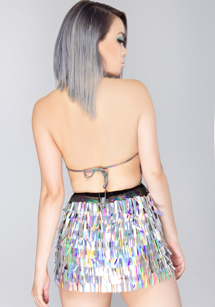 J Valentine X LASR Exclusive Knives Out Blade Sequin Harness Short Gypsy Skirt in holographic silver black — back view