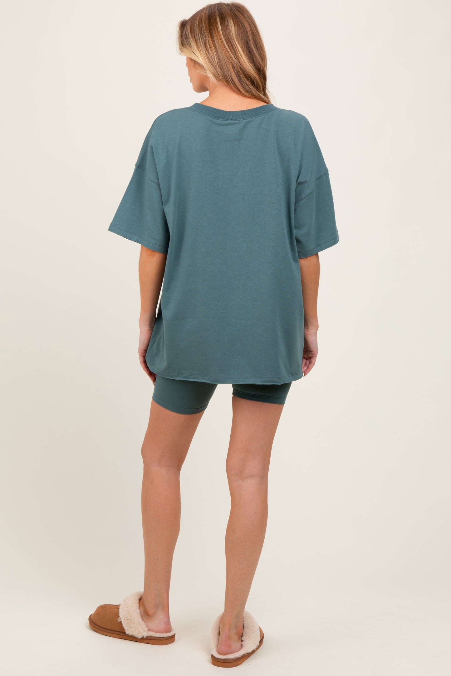 Light Olive Oversized V-Neck Biker Short Maternity Set
