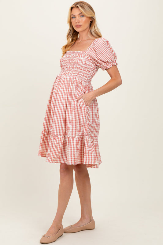 Rust Gingham Smocked Puff Sleeve Maternity Dress