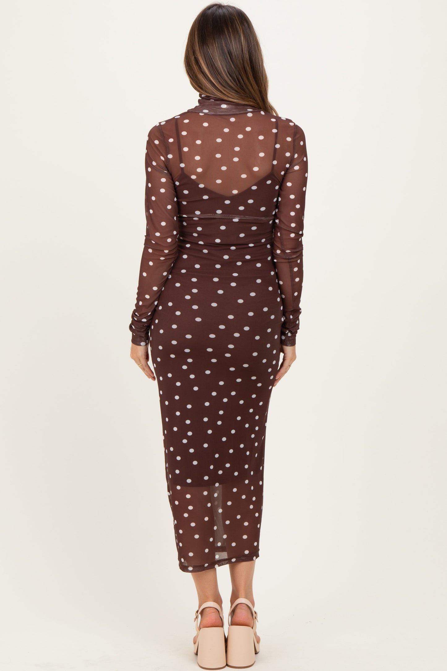 Mocha Polka Dot Mesh Overlay Maternity Midi Dress