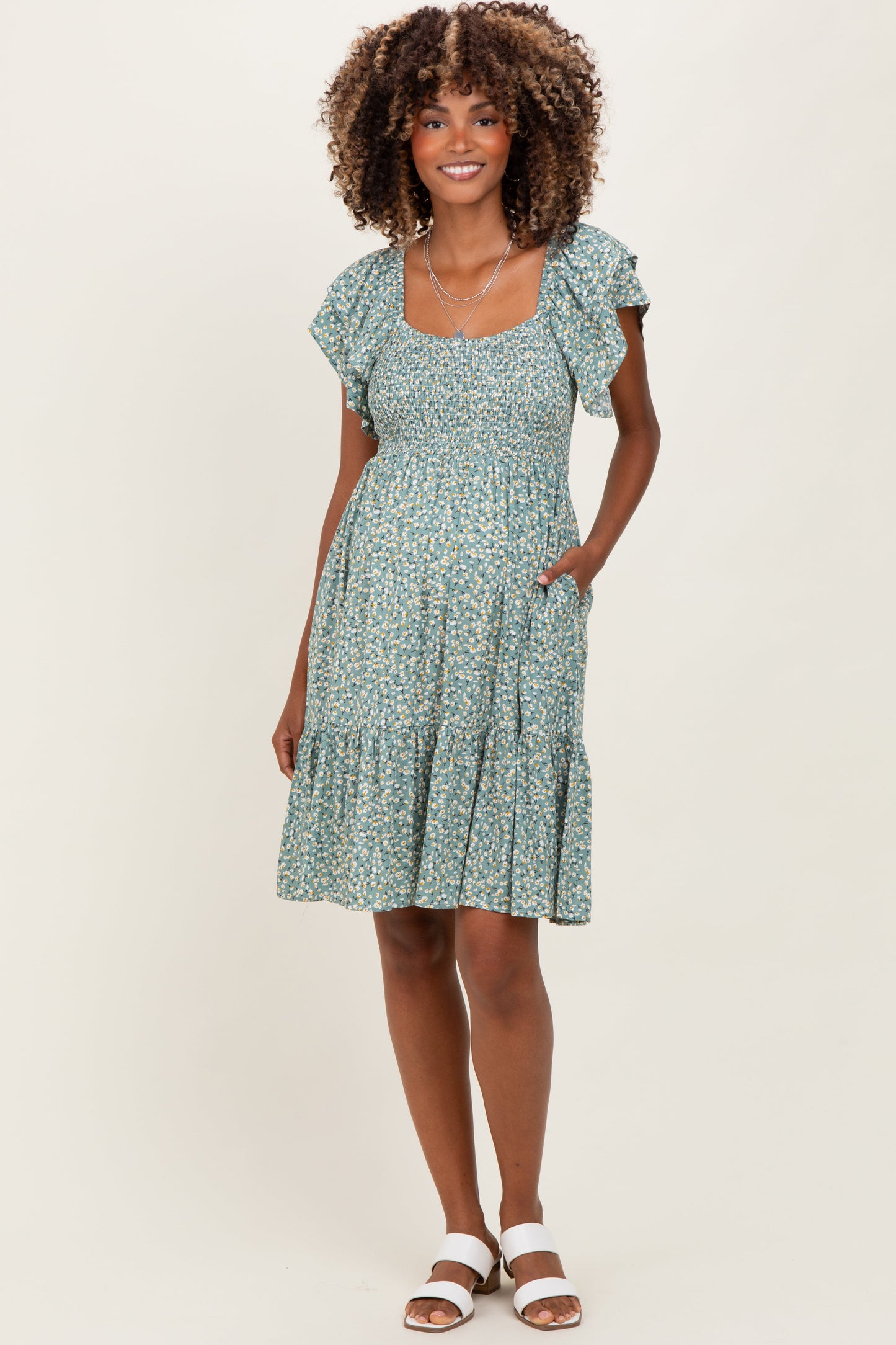 Light Olive Floral Smocked Flutter Sleeve Maternity Dress