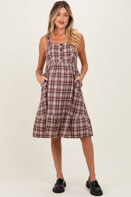 Brown Plaid Square Neck Maternity Dress