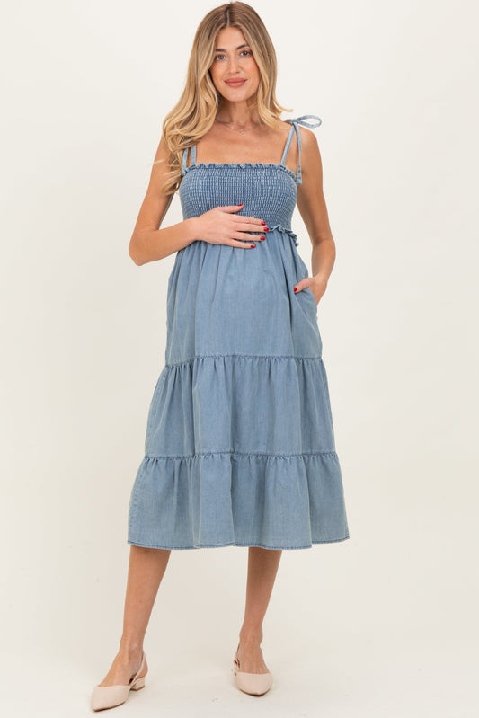 Light Blue Vintage Wash Denim Smocked Maternity Dress
