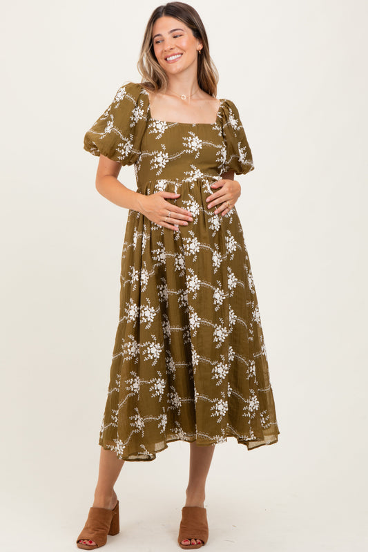 Dark Olive Textured Maternity Midi Dress