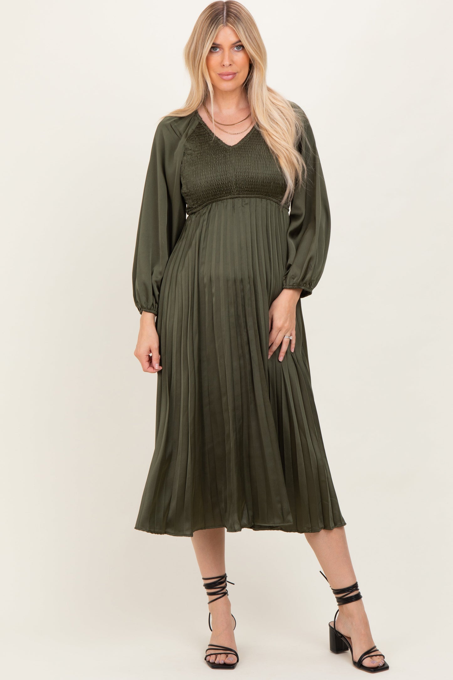 Olive Satin Smocked Pleated Maternity Midi Dress