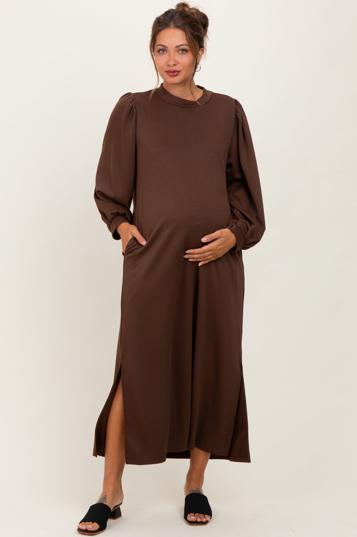 Brown Side Slit Detail Solid Maternity Midi Dress
