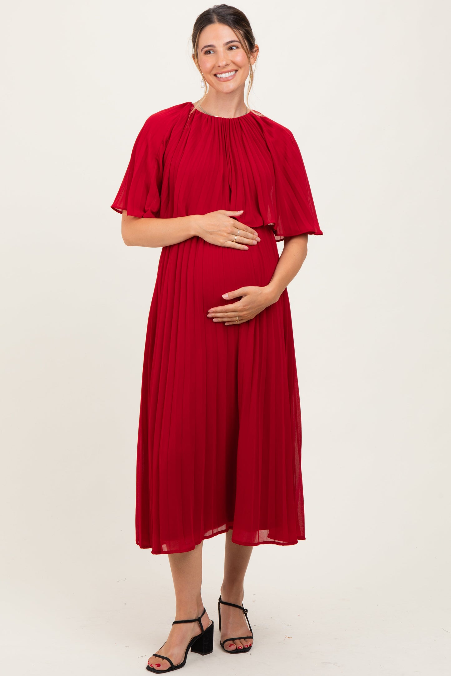 Burgundy Pleated Cape Maternity Midi Dress