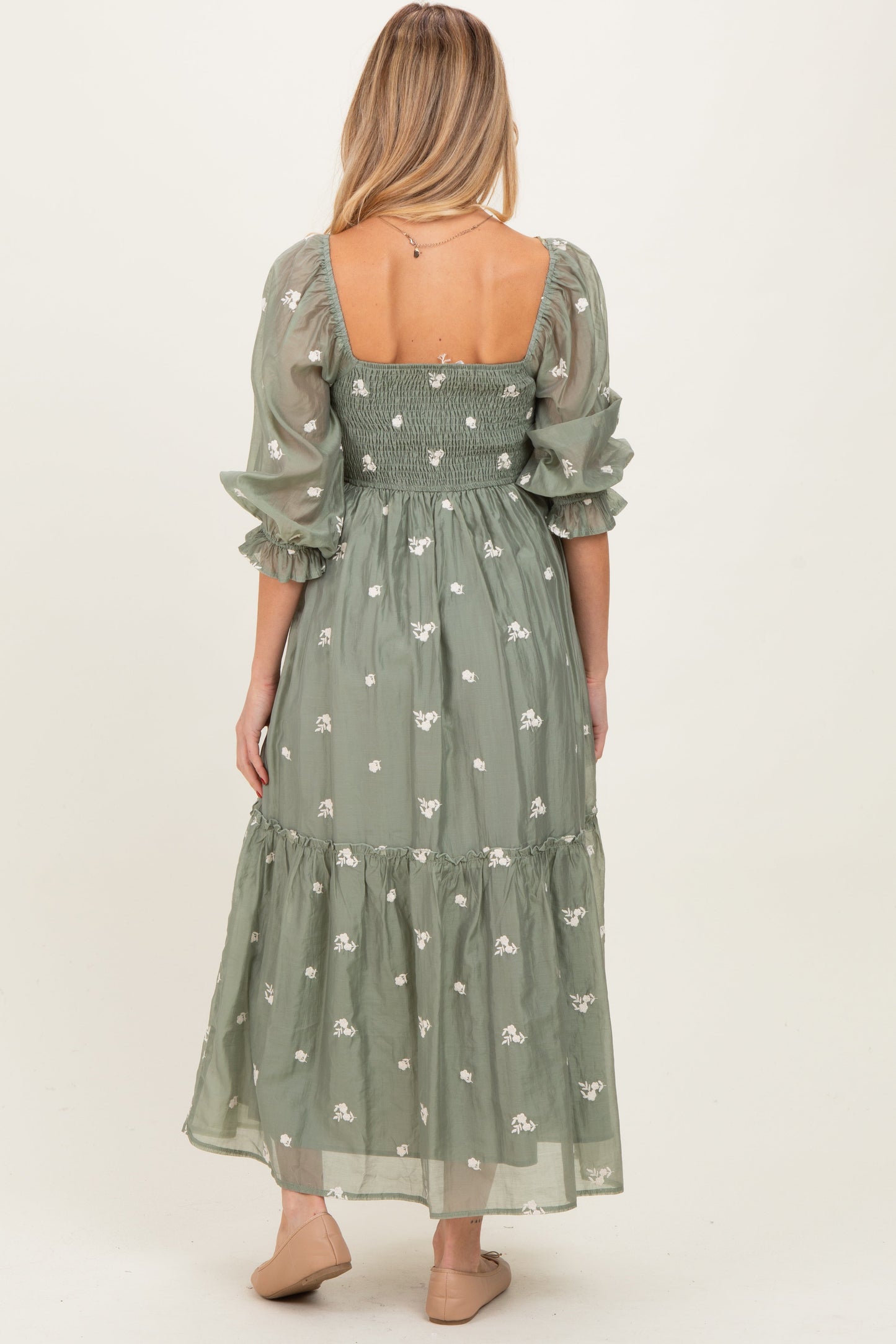 Light Olive Floral Embroidered Smocked 3/4 Sleeve Maternity Midi Dress