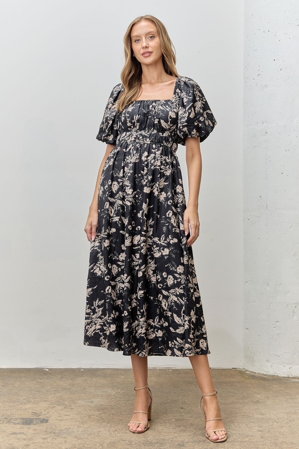 Black Floral Puff Sleeve Smocked Waist Maternity Midi Dress
