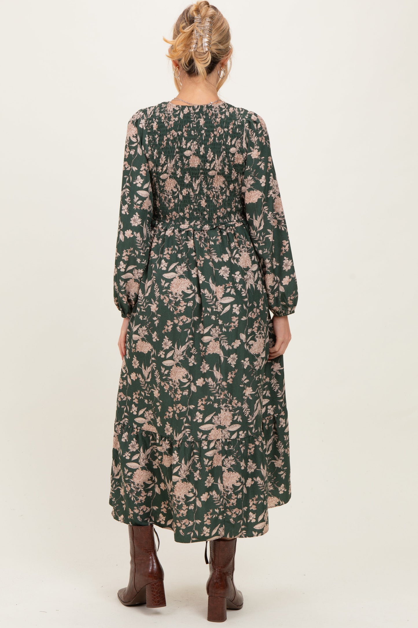 Green Floral Smocked Long Sleeve Maternity Midi Dress