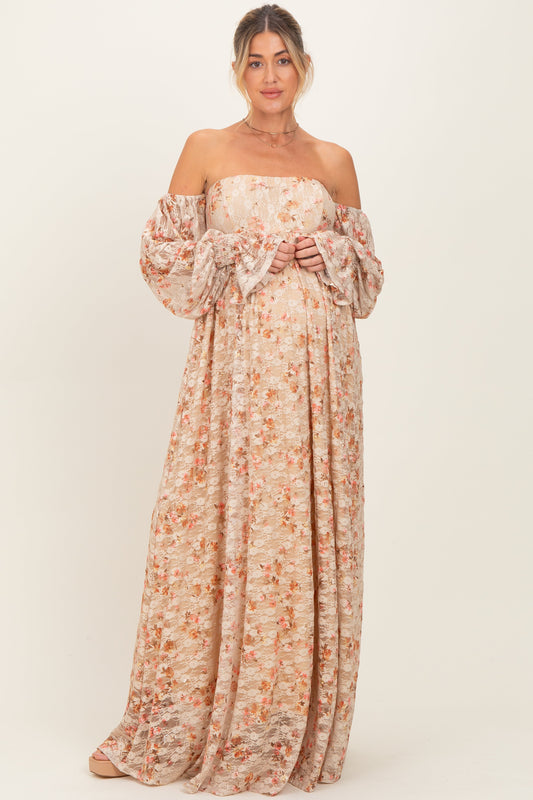 Multi Color Floral Lace Smocked Long Sleeve Off Shoulder Maternity Maxi Dress