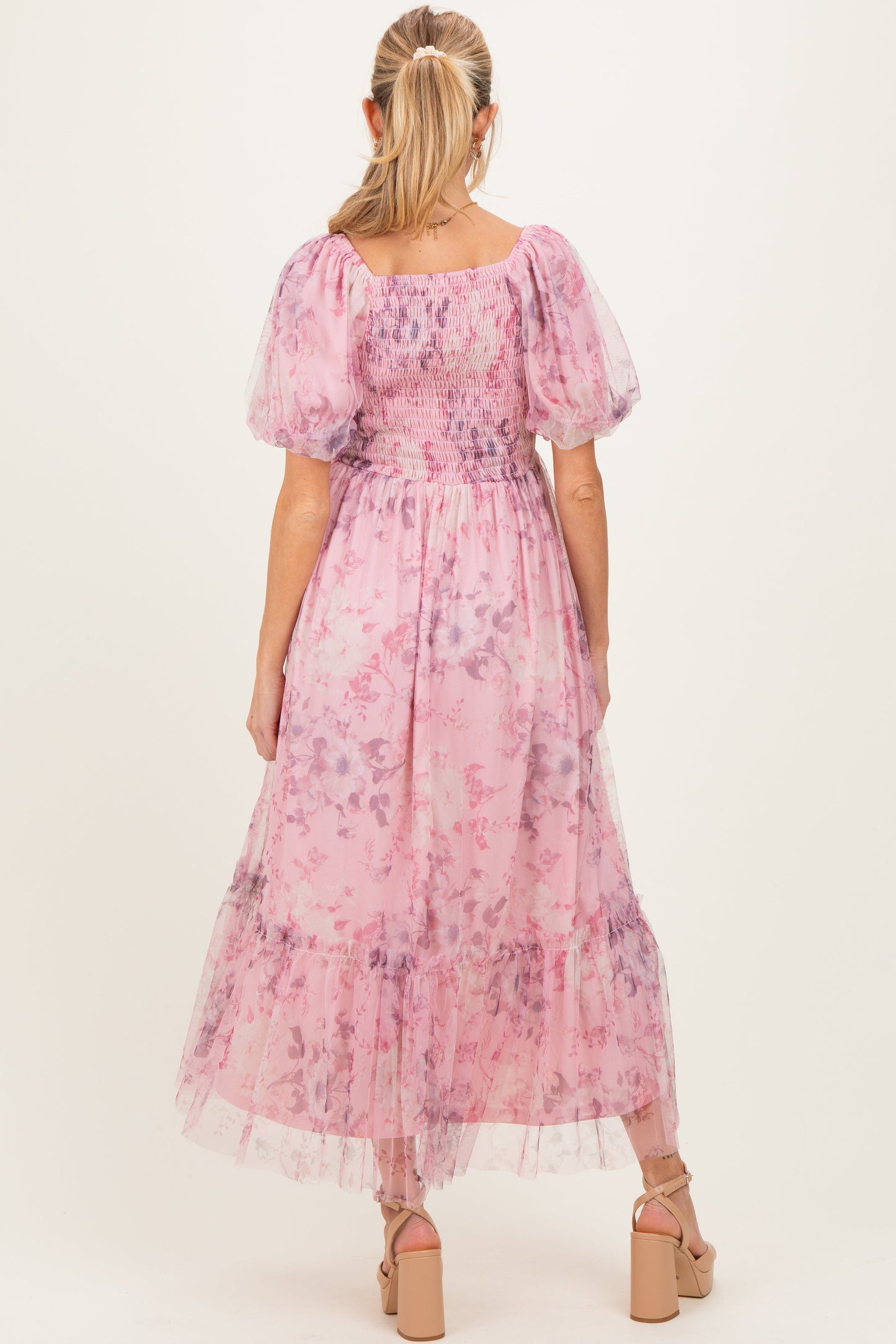 Pink Floral Printed Tulle Puff Sleeve Maternity Midi Dress