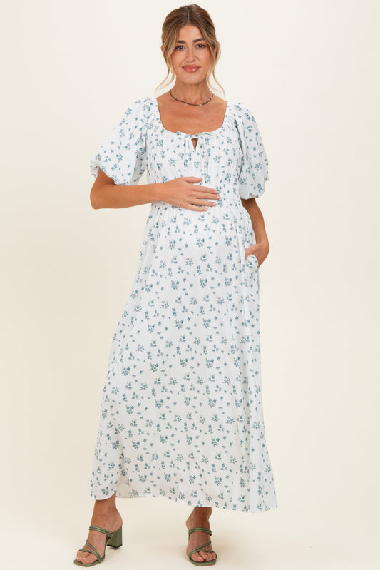 Ivory Floral Puff Sleeve Tie Front Maternity Midi Dress