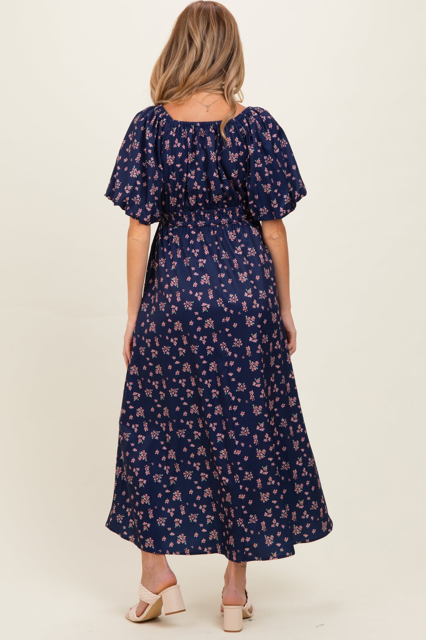 Navy Floral Puff Sleeve Tie Front Maternity Midi Dress