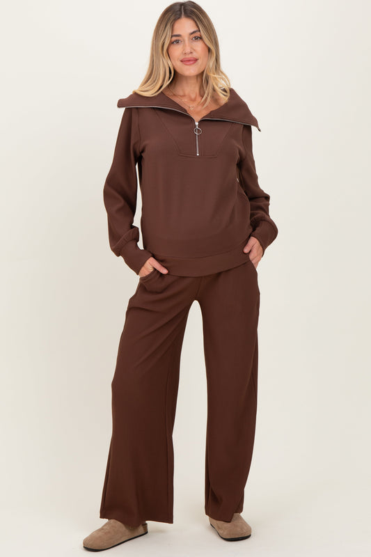 Brown Ribbed Half Zip Pullover Wide Leg Pant Maternity Set