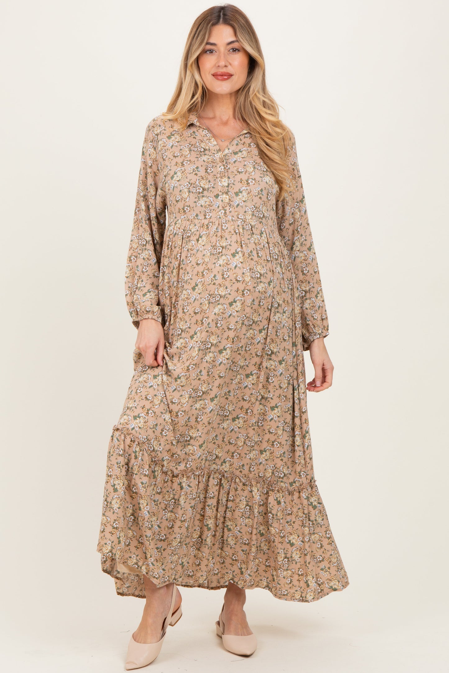 Mustard Floral Long Sleeve Button Down Collared Maternity Maxi Dress