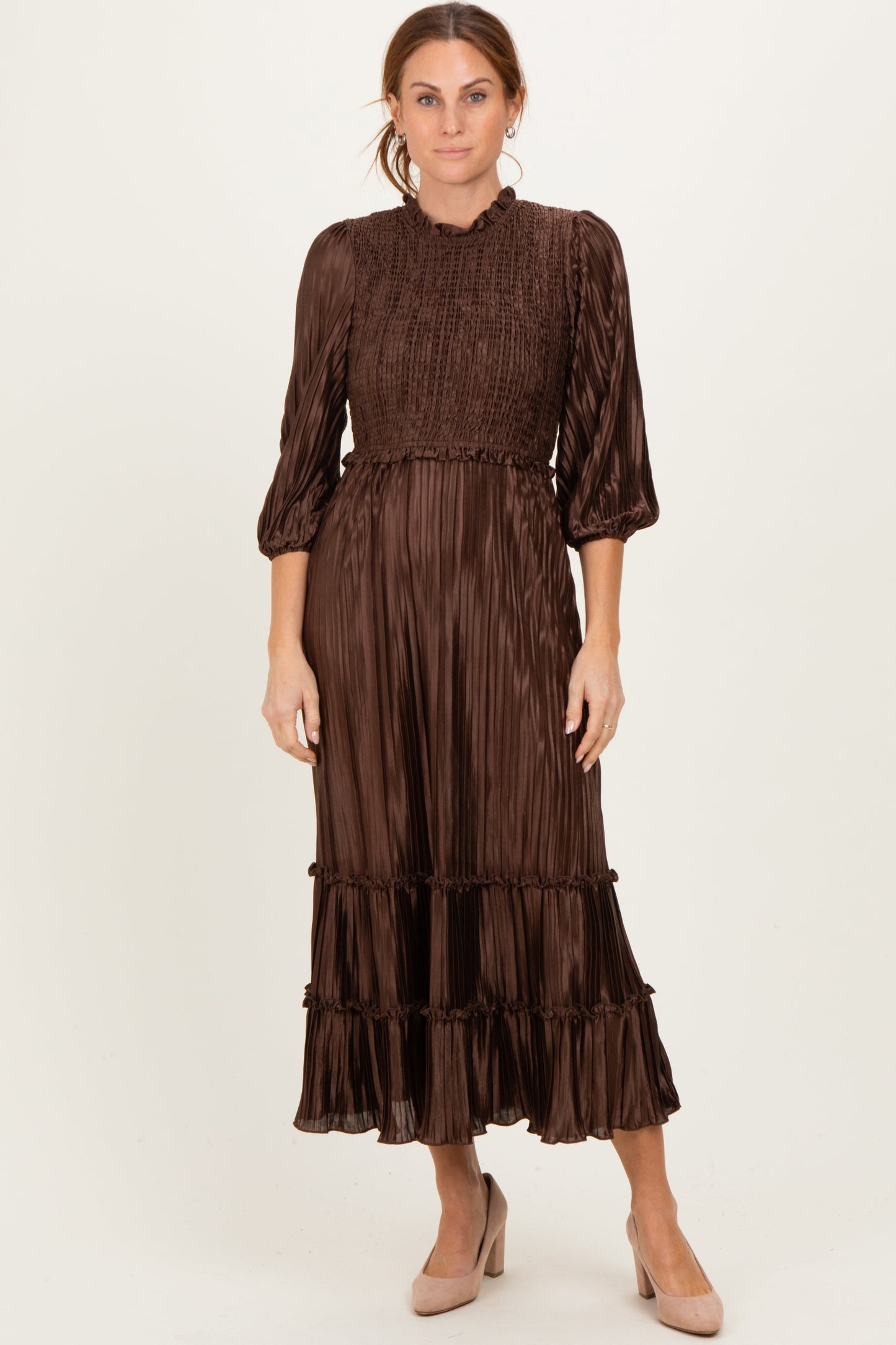 Brown Pleated Satin Smocked Bodice Maternity Midi Dress