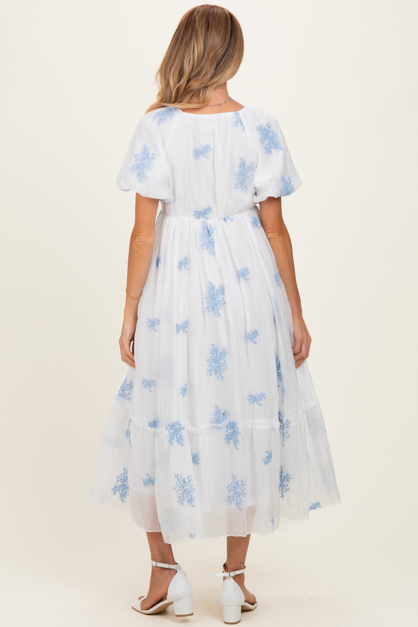 Ivory Floral Print Ruffle Hem Maternity Midi Dress